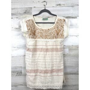 Nativa Womens M Cream Gold Embroidered Handmade Woven Boho Dove Bird Shirt NEW